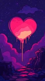 Neon Heart with Molten Core in Nocturnal Landscape.