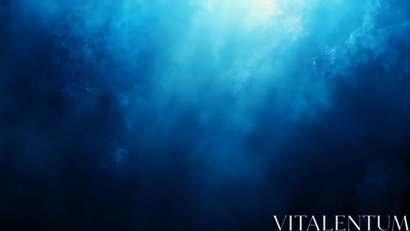 Deep blue underwater light rays penetrate dense ocean haze