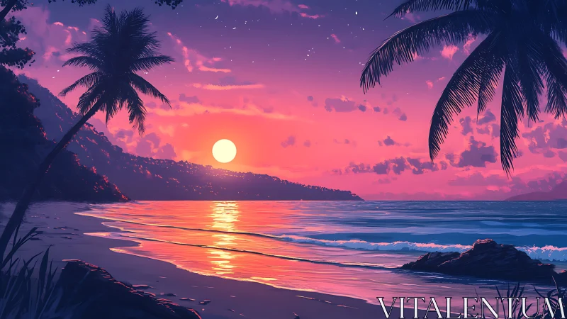 Digital seascape with sunset, palm silhouettes and shoreline.