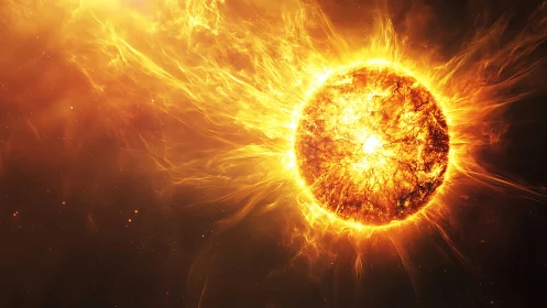 Fiery digital sun with erupting plasma flares in space.