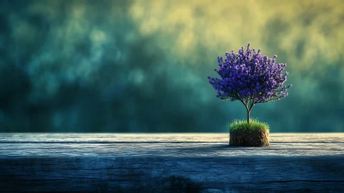 Vibrant Purple Bonsai Tree on Wooden Table, Dreamy Artistic Style.