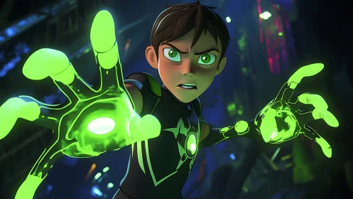 Animated boy with glowing green energy hands in combat stance.
