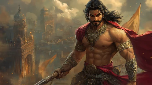 Warrior king stands defiant over a burning ancient city.