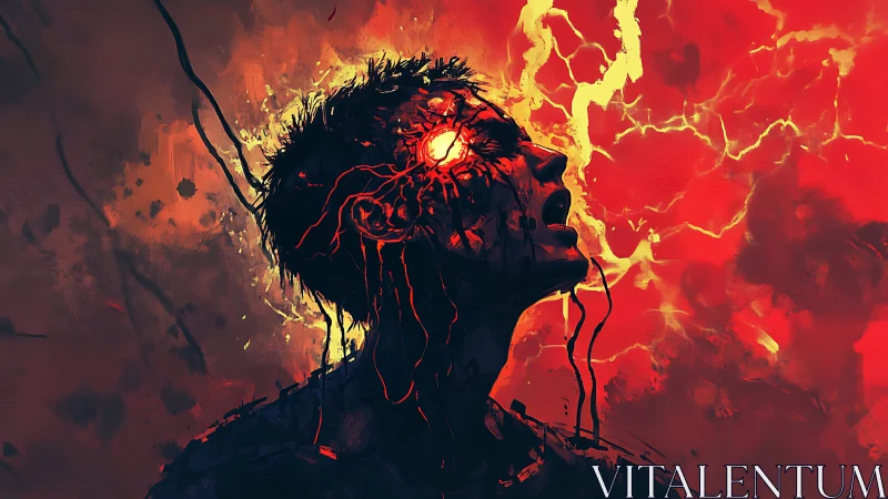 Fiery soul erupts in a storm of electric crimson light.