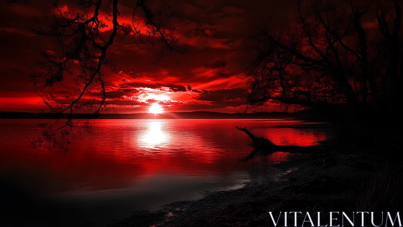 Cinematic red sunset shoreline with high-contrast silhouettes.