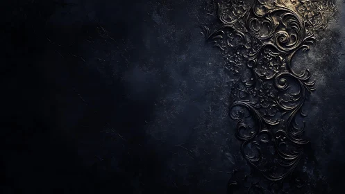 Ornate black metallic filigree on shadowed textured wall.