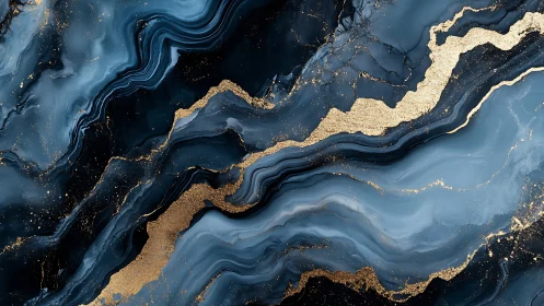 Blue marble waves intersect gold metallic veins in layers