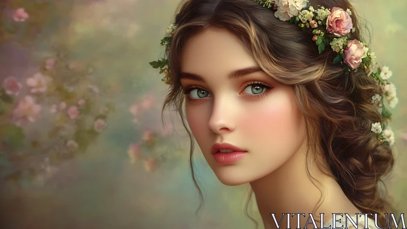 Garden-mused maiden gazes through soft pastel daydreams.