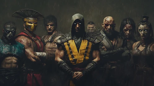 Armored fantasy warriors stand united in dark storm.