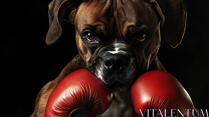 Boxer Dog in Red Boxing Gloves Against Black Background
