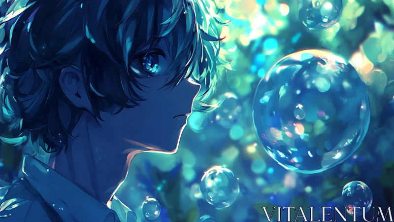 Pensive anime boy in luminous bokeh environment observes drifting bubbles