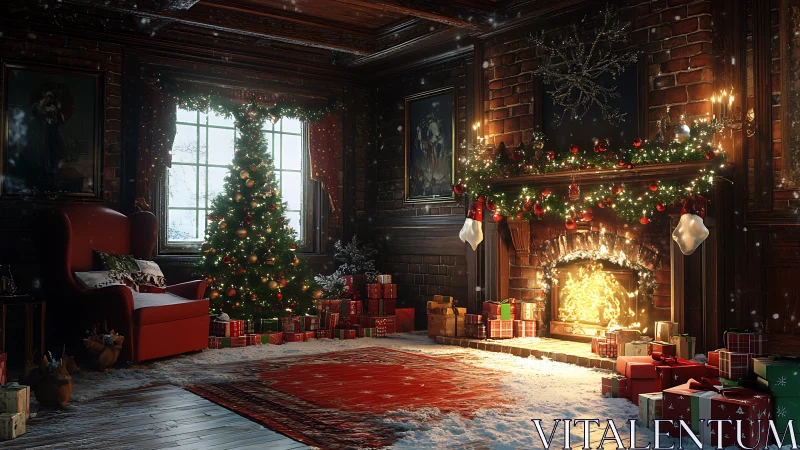 High-detail Christmas hearth interior with luminous tree and gifts.