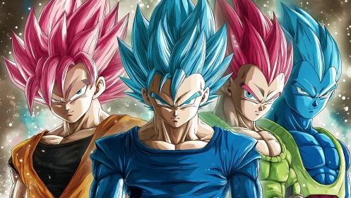 Stylized blue and pink haired warriors stand in formation