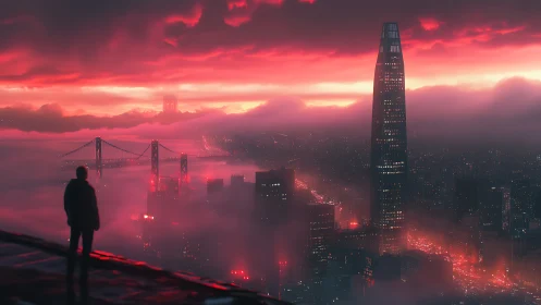 Silhouetted figure above foggy red-lit futuristic city skyline.