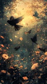 Ravens drifting through golden twilight over wild blooms.