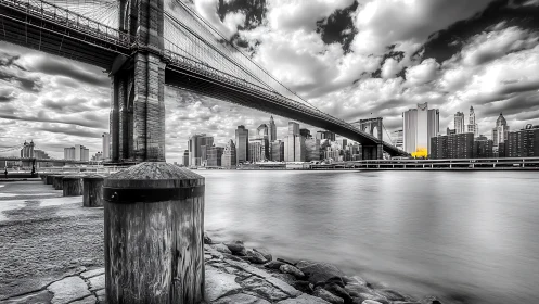High-contrast monochrome cityscape isolates bridge geometry and color accent