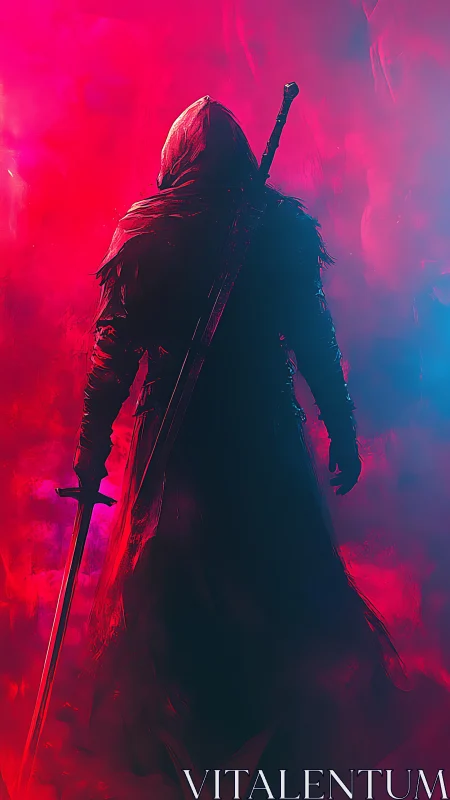 Hooded swordsman silhouette in neon magenta and cyan haze