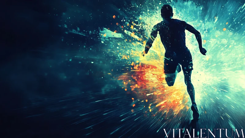 Explosive runner silhouette bursts forward in glowing color