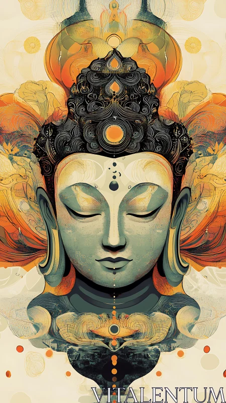 Buddha portrait glows within symmetrical lotus mandala form.