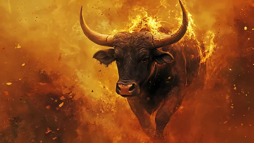 Flaming bull charges forward through dense molten haze