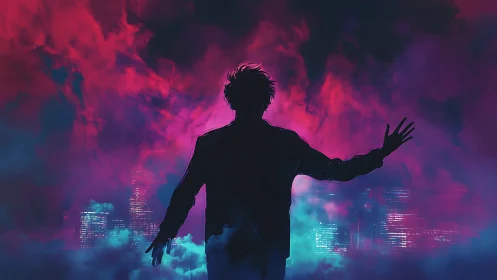 Silhouette before neon city skyline and dense colored fog.