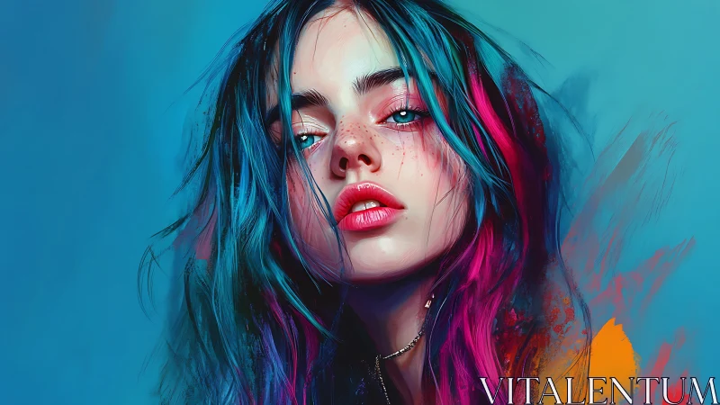 Digital portrait of young woman with multicolored hair.