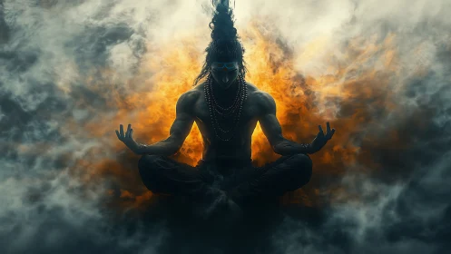Mystic figure levitates in lotus pose amid fiery smoke plume