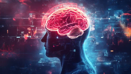 Glowing human brain silhouette merges with futuristic data grid.