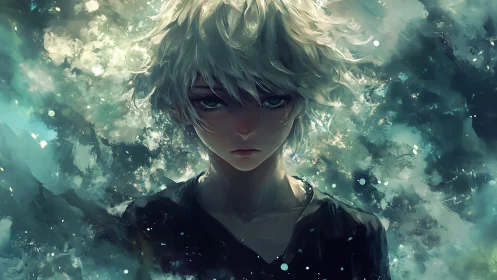 Stormlit silver haired youth stands in swirling painted light
