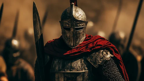 Medieval plate-armored knight with sword and crimson cloak