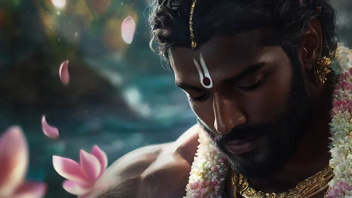 Devotional portrait with lotus petals and ritual adornment.