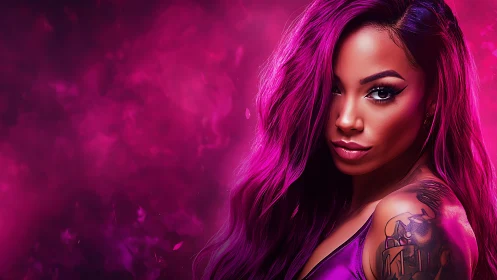Digital portrait of woman with magenta hair and tattooed arm.