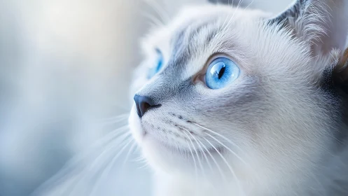 White cat with striking cyan irises demonstrating feline facial architecture
