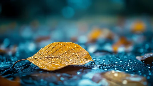 Glowing autumn leaf rests on wet ground after soft rainfall