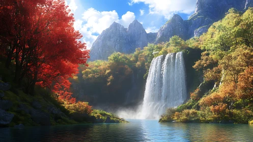 Sunlit mountain waterfall pours into a tranquil autumn lake