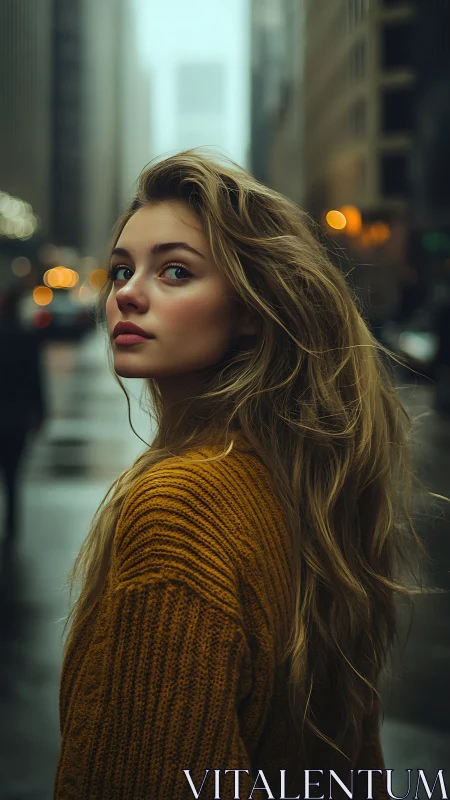 Young woman in mustard sweater pauses on a misty city street