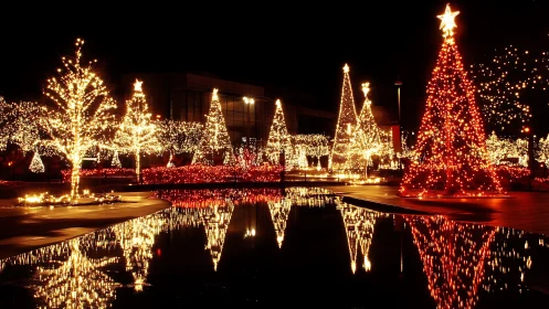 Sparkling Christmas trees glow warmly around a quiet water pond