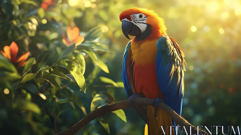 Vibrant macaw perched on branch in sunlit tropical garden, realistic.