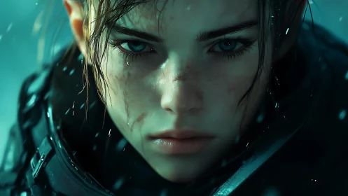 Close portrait of wet armored character in cold light.