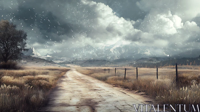 Digital painting of rural road toward stormy alpine mountains.