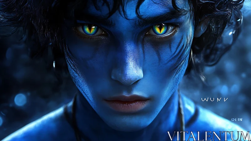 Intense blue alien portrait with luminous golden eyes.