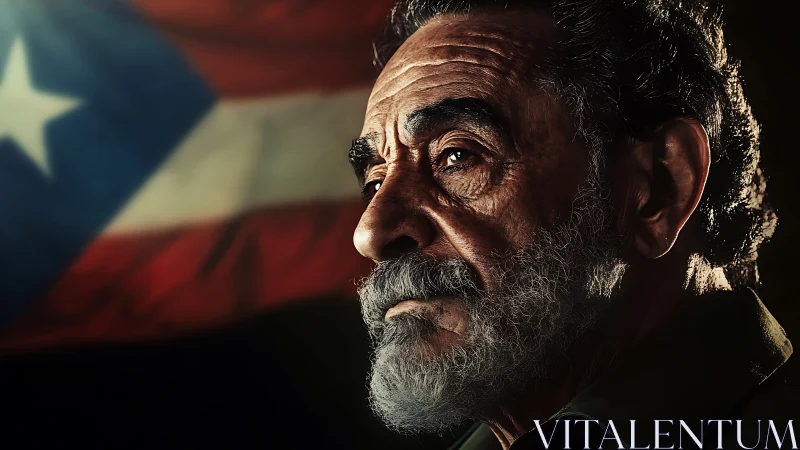 Weathered gaze beneath a softly waving island flag.