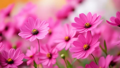 Pink Cosmos Flowers in Full Bloom with Yellow Centers