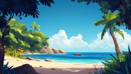 Tropical Beach Cove with Sailing Boat and Island Palms.