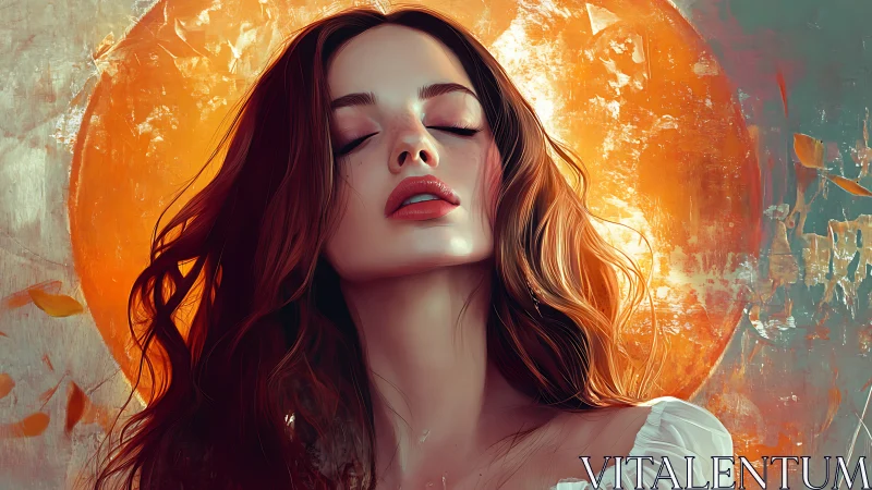 Digital portrait depicts woman before circular orange backdrop