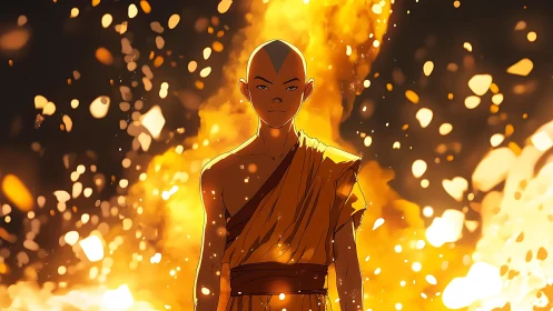 Calm young monk glowing with quiet power and golden fire.