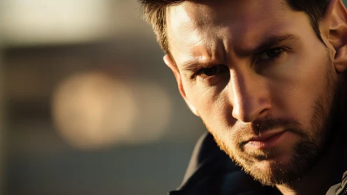 Cinematic close-up portrait in warm directional sunlight