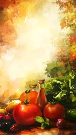 Rustic vegetable still life in luminous painterly brushwork.