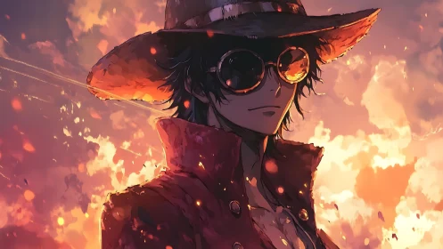 Cool anime wanderer wearing hat and glasses at sunset.