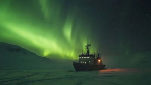 Icebreaker cuts frozen sea under vivid arctic aurora veil.